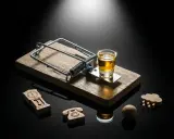 Pułapka na myszy z kieliszkiem alkoholu, symbolizująca wyzwalacze alkoholowe. Obok zegar, telefon, chmura i piłka golfowa.